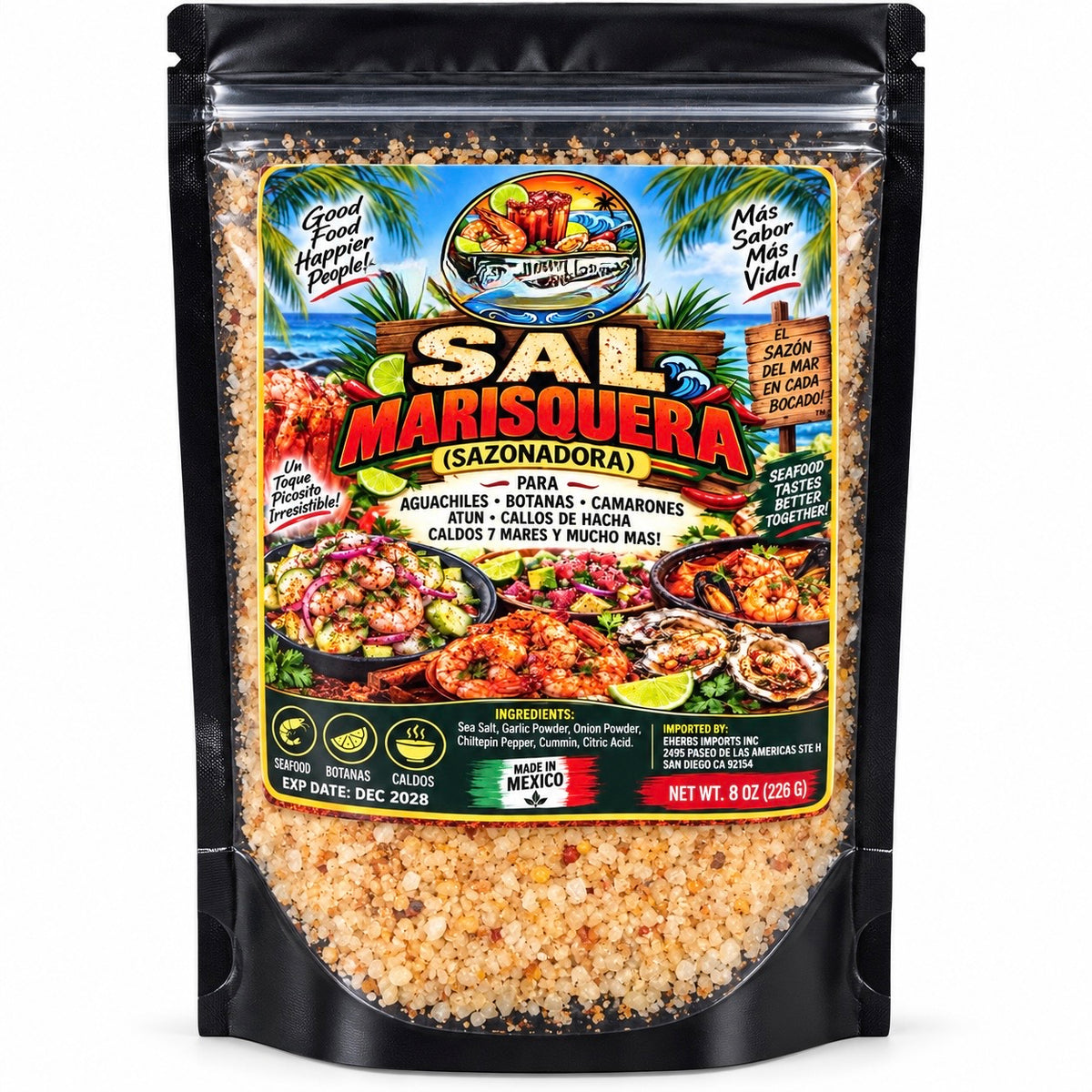 Sal Marisquera Sazonadora 8 oz (226 g) – Mexican Seafood Seasoning with Sea Salt, Garlic, Onion, Chiltepin Pepper & Cumin – Seasoning for Aguachile, Shrimp, Oysters, Tuna, Ceviche, Botanas & Caldos – Made in Mexico