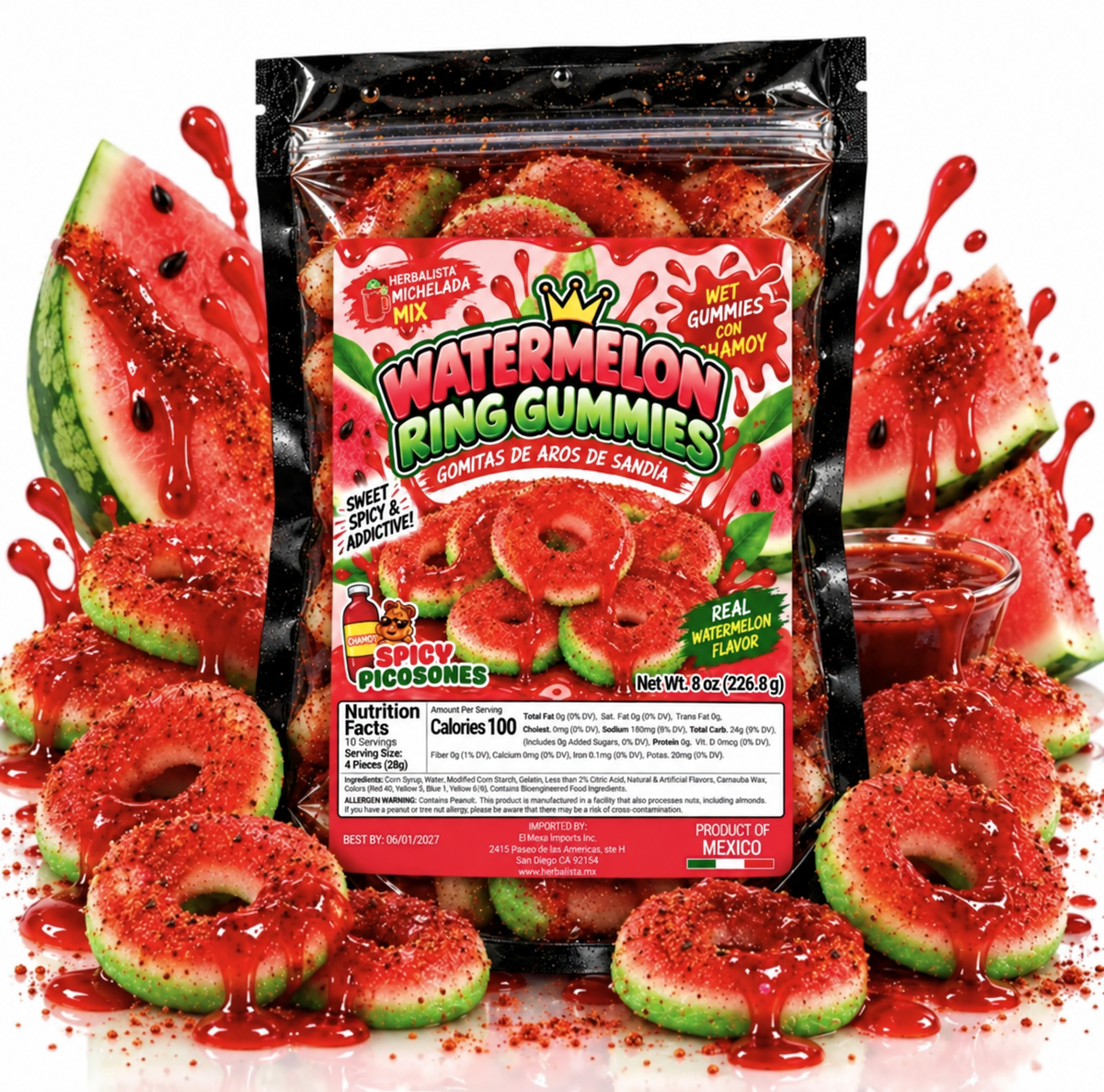 Watermelon Ring Gummies - Spicy Picobones - 8 oz - Real Watermelon Flavor - Sweet & Spicy - Product of Mexico - 100 Calories
