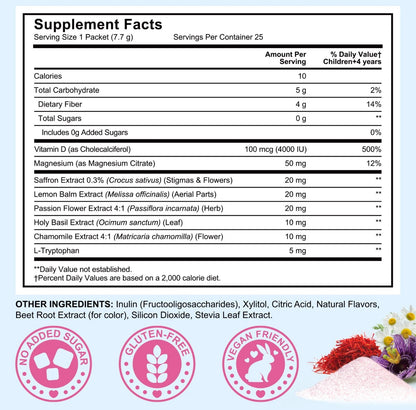 Saffron for Kids, Saffron Powder Stick for Boosting Focus, Mental Clarity, Balanced Mood, Blended with Vitamin D3, Magnesium, Sugar-Free, Friuty Flavor, Individual Package|25 Servings