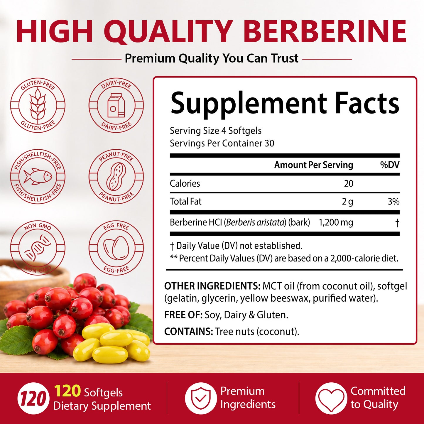 1200mg Berberine Gummies with MCT Coconut oil , Berberine HCL Supplement for Women &amp; Men, Sugar Free, Vegan, Non-GMO, Gluten-Free, 120 Softgels