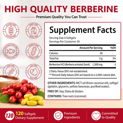 1200mg Berberine Gummies with MCT Coconut oil , Berberine HCL Supplement for Women &amp; Men, Sugar Free, Vegan, Non-GMO, Gluten-Free, 120 Softgels