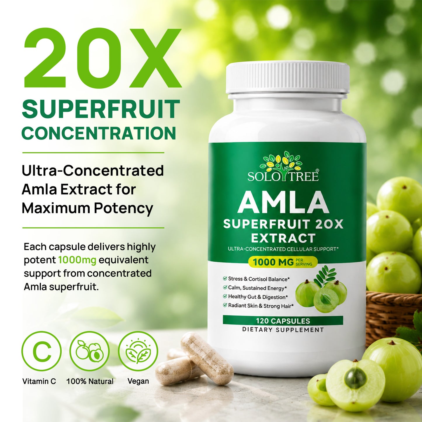 AMLA Superfruit 20X Extract 1000 MG Per Serving 120 Capsules for Stress Cortisol Balance Calm Energy Healthy Gut Digestion Radiant Skin Strong Hair