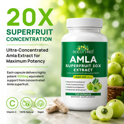 AMLA Superfruit 20X Extract 1000 MG Per Serving 120 Capsules for Stress Cortisol Balance Calm Energy Healthy Gut Digestion Radiant Skin Strong Hair
