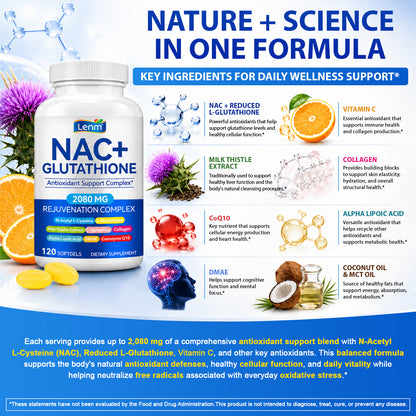 NAC+ Glutathione 2080 MG Antioxidant Support Complex 120 Softgels with N-Acetyl L-Cysteine, Milk Thistle Extract , Collegen, Alpha Lipoic Acid
