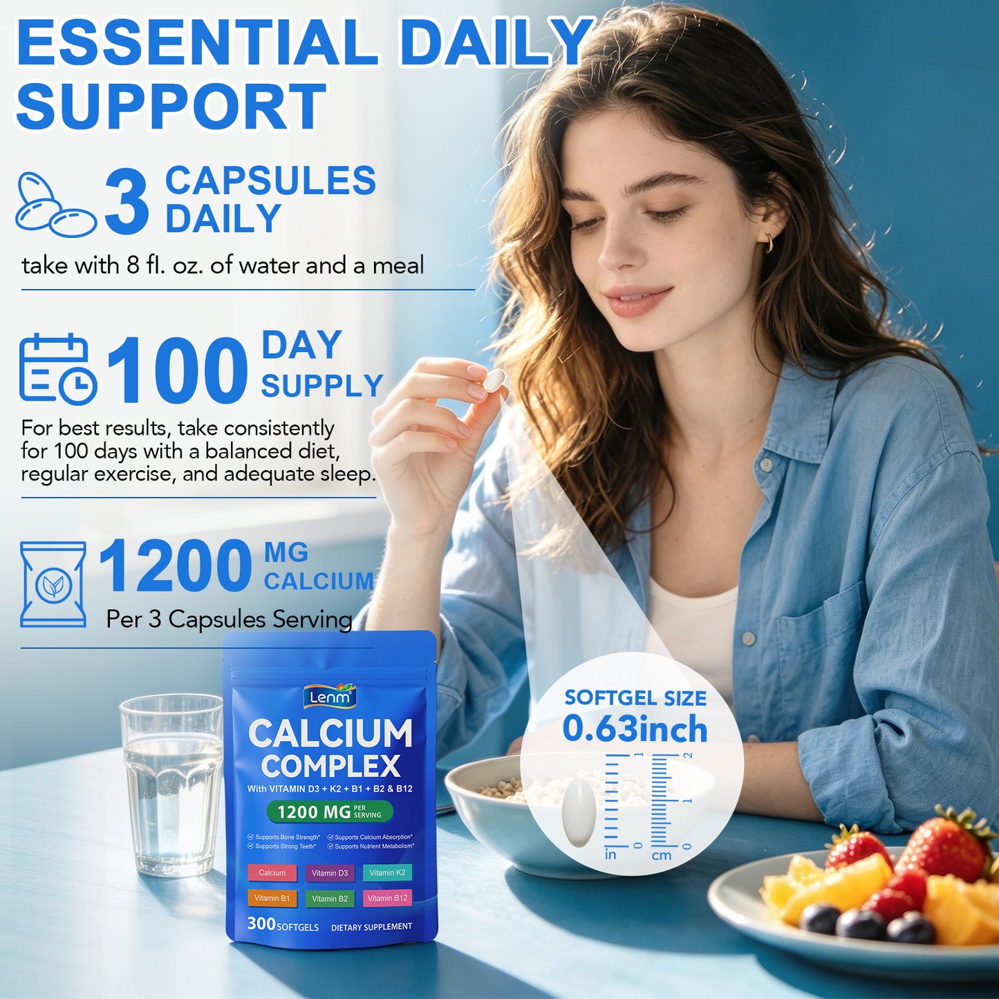 Calcium Complex Supplement with D3, K2, B1, B2 & B12 | Supports Bone Strength and Healthy Teeth | Easy to Digest | for Men & Women
