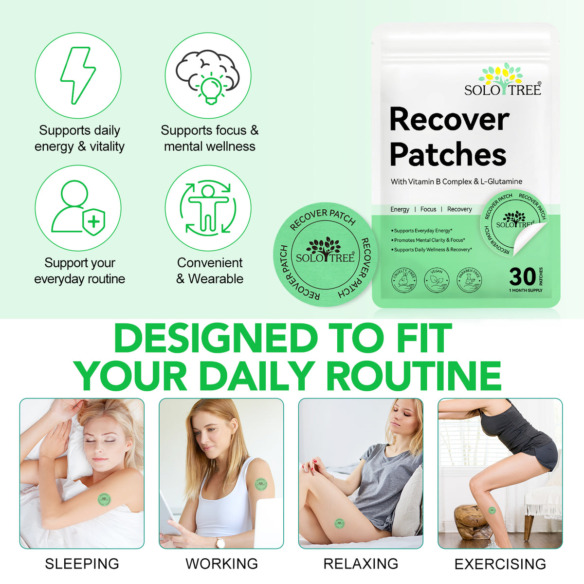 Recover Patches with Vitamin B Complex & L-Glutamine for Energy Focus and Recovery 30 Patches 1 Month Supply