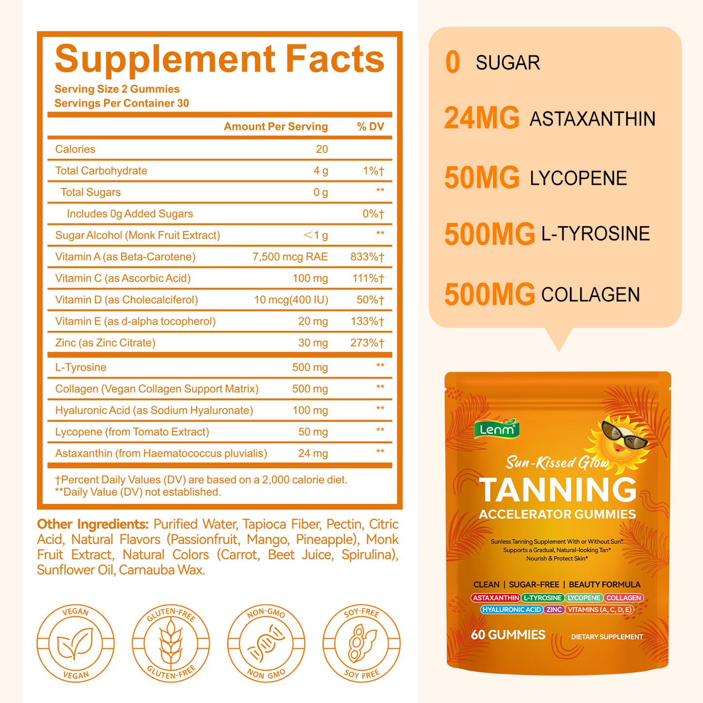 Tanning Gummies Accelerator - Sunless Tanning Supplement for a Natural Golden Glow, Sugar Free Melanin Booster with Astaxanthin, L-Tyrosine, Collagen & Vitamins for Women and Men