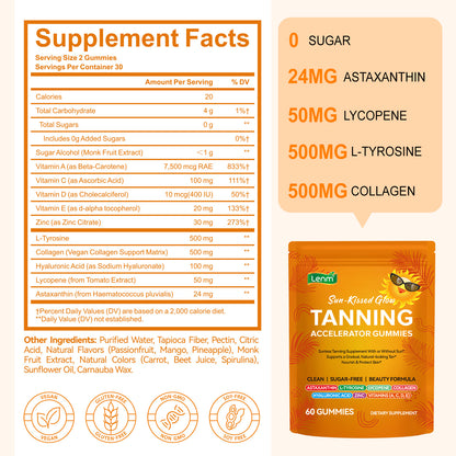 Tanning Gummies Accelerator - Sunless Tanning Supplement for a Natural Golden Glow, Sugar Free Melanin Booster with Astaxanthin, L-Tyrosine, Collagen & Vitamins for Women and Men