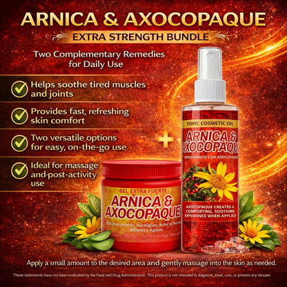 Arnica + Axocopaque Bundle - Flores de Arnica Gel 4.23 oz, + Arnica- Axocopaque Oil 8 fl oz | Natural Fast-Absorbing Botanical Massage Gel & Oil for...