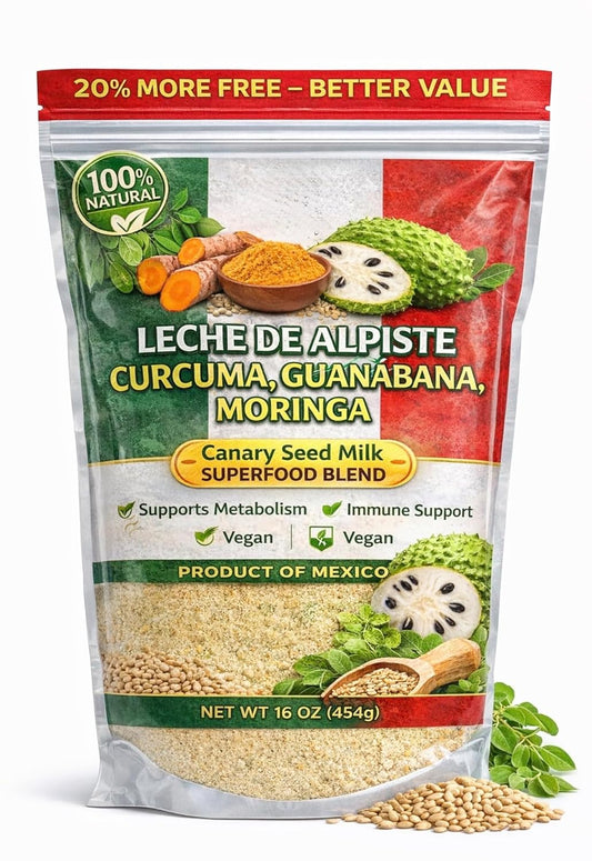 1Lb Leche de Alpiste, Curcuma, Guanabana & Moringa Premium Canary Seed Milk – with Turmeric, Soursop & Moringa – Superfood Blend 16 oz – Vegan, Dairy-Free, Non-GMO, 100% Natural