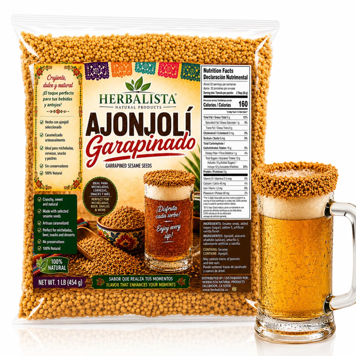 Ajonjolí Garapiñado 8 oz (227 g) | Caramelized Sesame Seeds | Sweet Crunchy Rim Garnish for Micheladas, Beer, Cheladas, Snacks, Fruit Cups & Desserts | Authentic Mexican Style