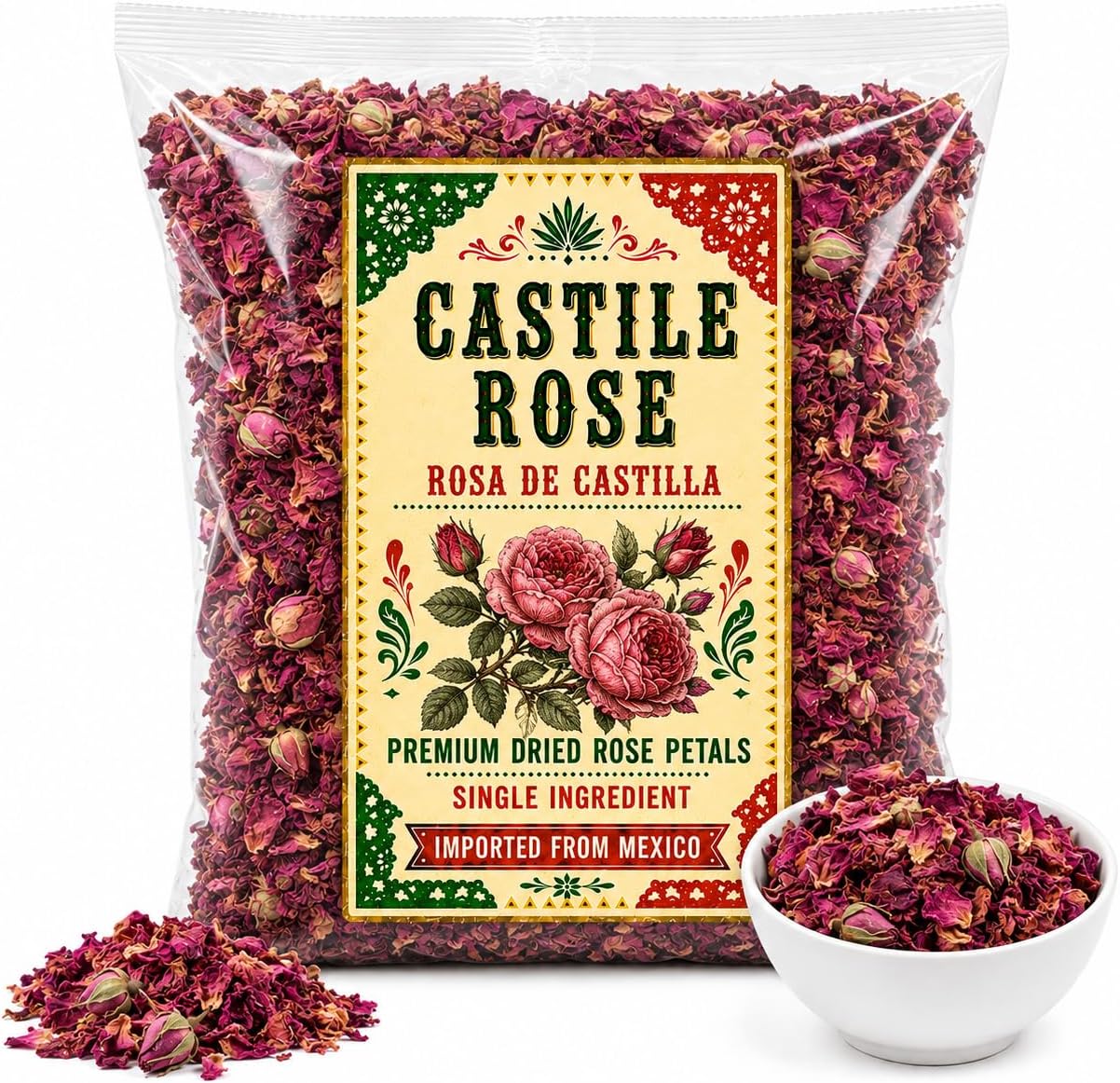 5oz Castile Rose Premium Dried Rose Petals, Rosa de Castilla Red Rose Whole Buds, Rosa Centifolia, Dried Flowers for Tea, Soap, Potpourri, Culinary Decoration, Skin & Hair Formulations