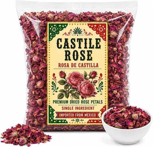 5oz Castile Rose Premium Dried Rose Petals, Rosa de Castilla Red Rose Whole Buds, Rosa Centifolia, Dried Flowers for Tea, Soap, Potpourri, Culinary Decoration, Skin & Hair Formulations