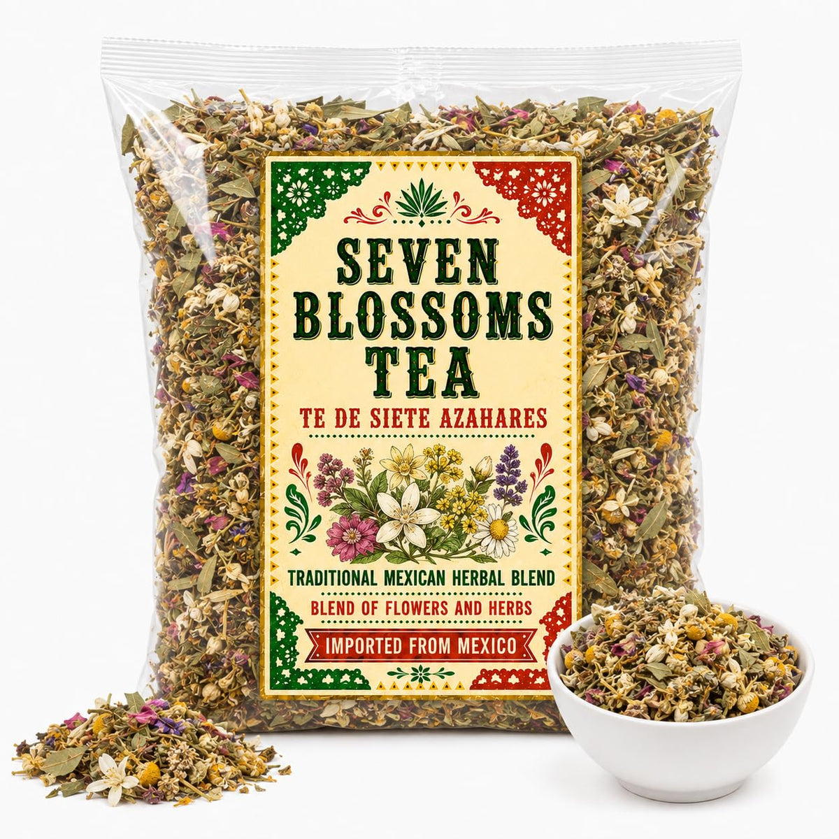 7 Azahares Herbal Tea – Seven Blossoms Tea Loose Leaf Calming Tea Blend – Passion Flower, Valerian, Linden, Orange Blossom, Lemon Balm, Manzanilla & Espino Blanco – 100% Natural, Vegan, Non-GMO, Caffeine-Free IMPORTED FROM MEXICO
