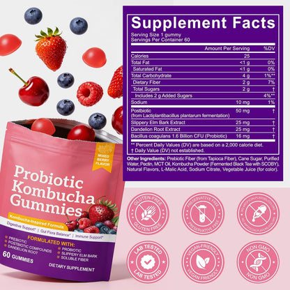 Probiotic Kombucha Gummies, Probiotic Gummies with Prebiotics, Probiotics, Postbiotics, Fiber Supplement, Supports Immune & Gut Health for Women & Men