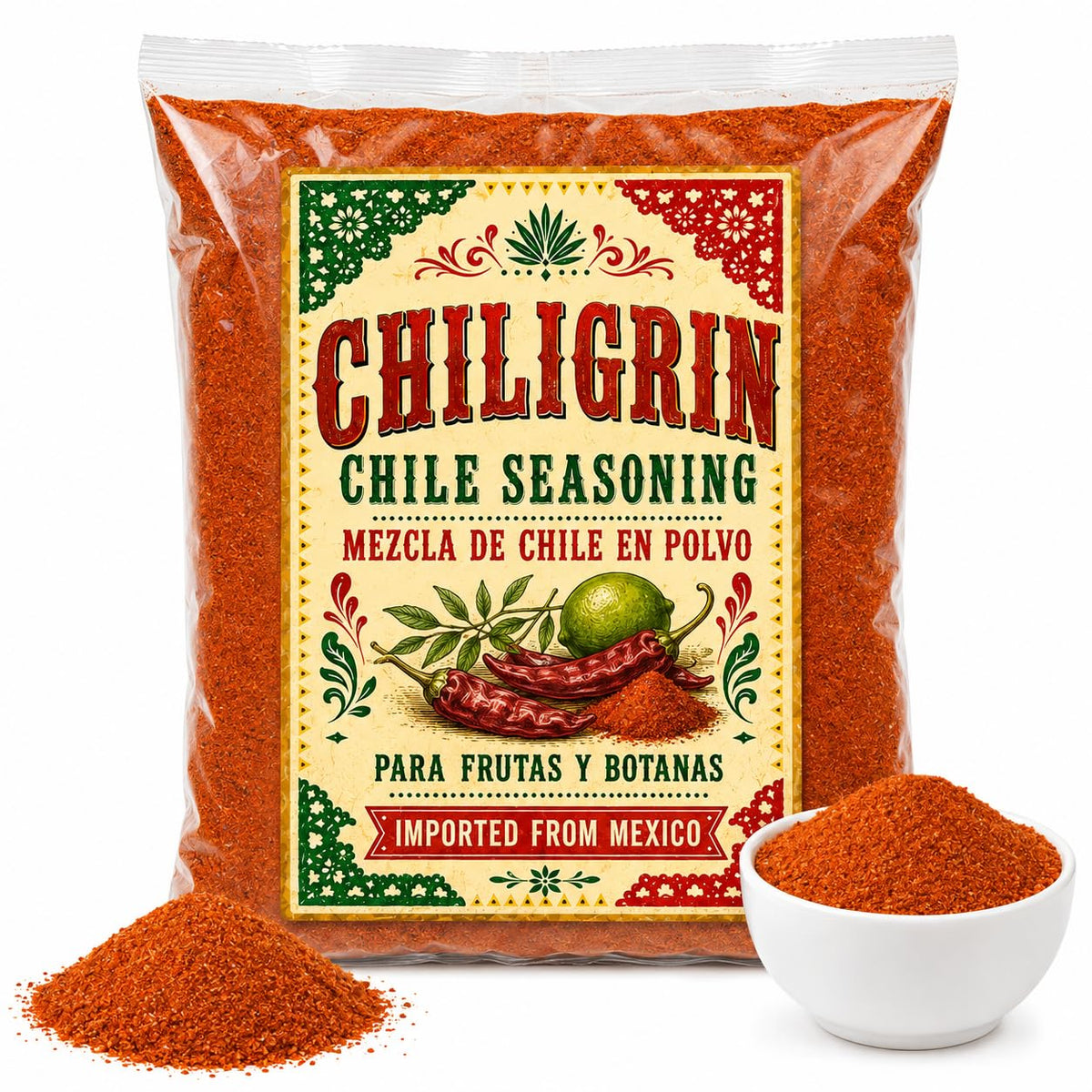 Mexican Chiligrin Chile Seasoning Powder for Fruits and Snacks Imported from Mexico, Mezcla de Chile, Spicy Fruit Topping, Candies ,Veggies, Seafood, or meat Chilli Lime Seasoning IMPORTED FROM MEXICO