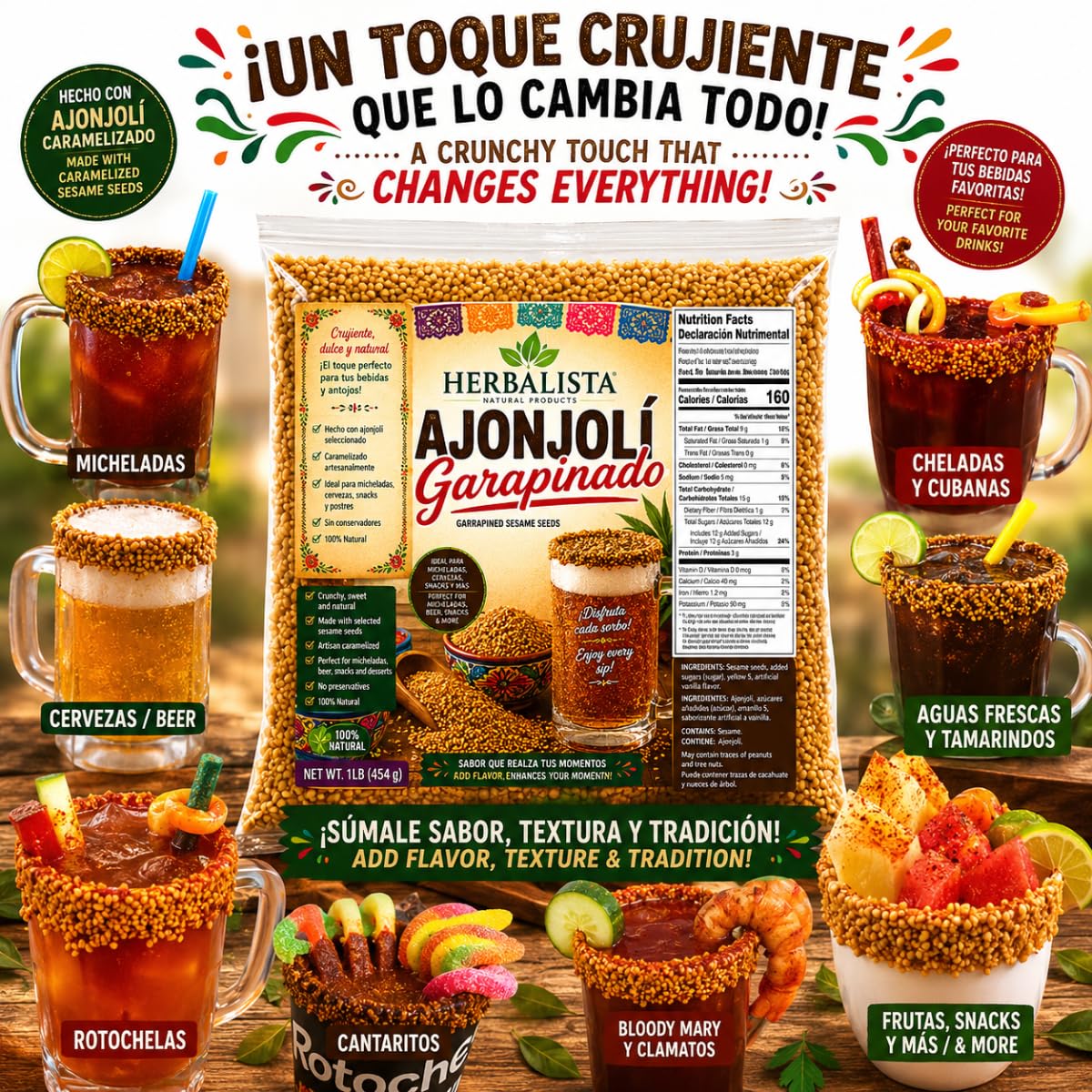 Ajonjolí Garapiñado 8 oz (227 g) | Caramelized Sesame Seeds | Sweet Crunchy Rim Garnish for Micheladas, Beer, Cheladas, Snacks, Fruit Cups & Desserts | Authentic Mexican Style