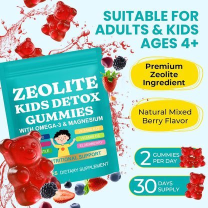Zeolite Kids Gummies, Zeolite Detox for Kids with Zeolite, Omega-3, Elderberry, Vitamin C, Vitamin D3, Zinc, B12, for Energy, Focus, Digestive, Immune, Sugar Free (Mixed Berry Flavor-60 Gummies)