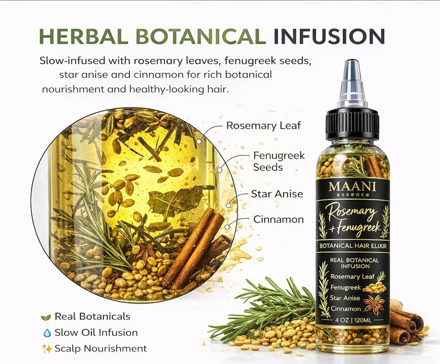 Rosemary & Fenugreek Hair Oil Rapid Hair Growth – Botanical Scalp Treatment with Real Rosemary Leaves, Fenugreek Seeds, Cinnamon & Star Anise – Herbal Hair Growth Infused with Castor Oil 120ML