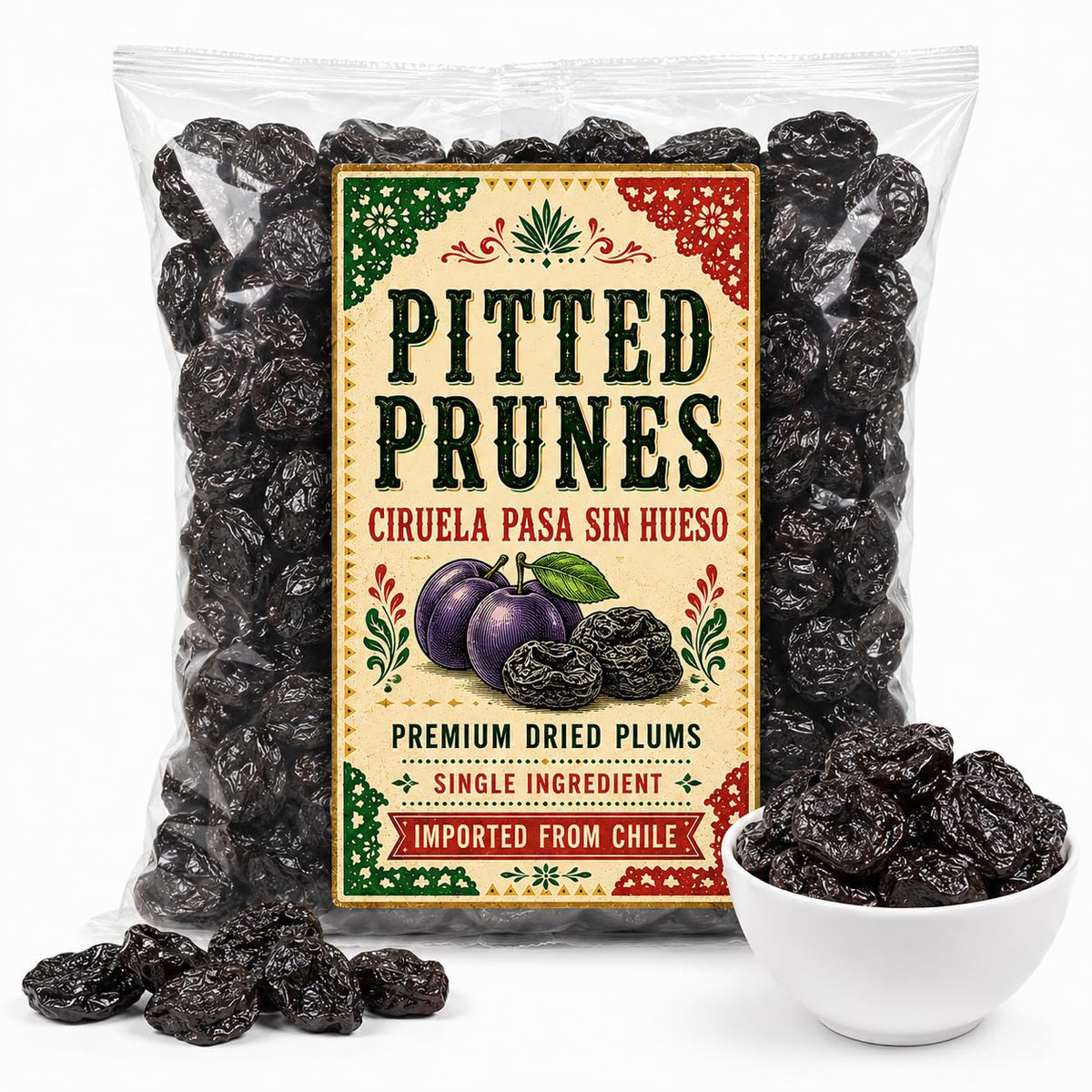 Pitted Prunes 40/50 (Ciruela Pasa sin Hueso) – Premium Dried Plums from Chile, Soft & Moist, Bulk Bag - IMPORTED FROM CHILE