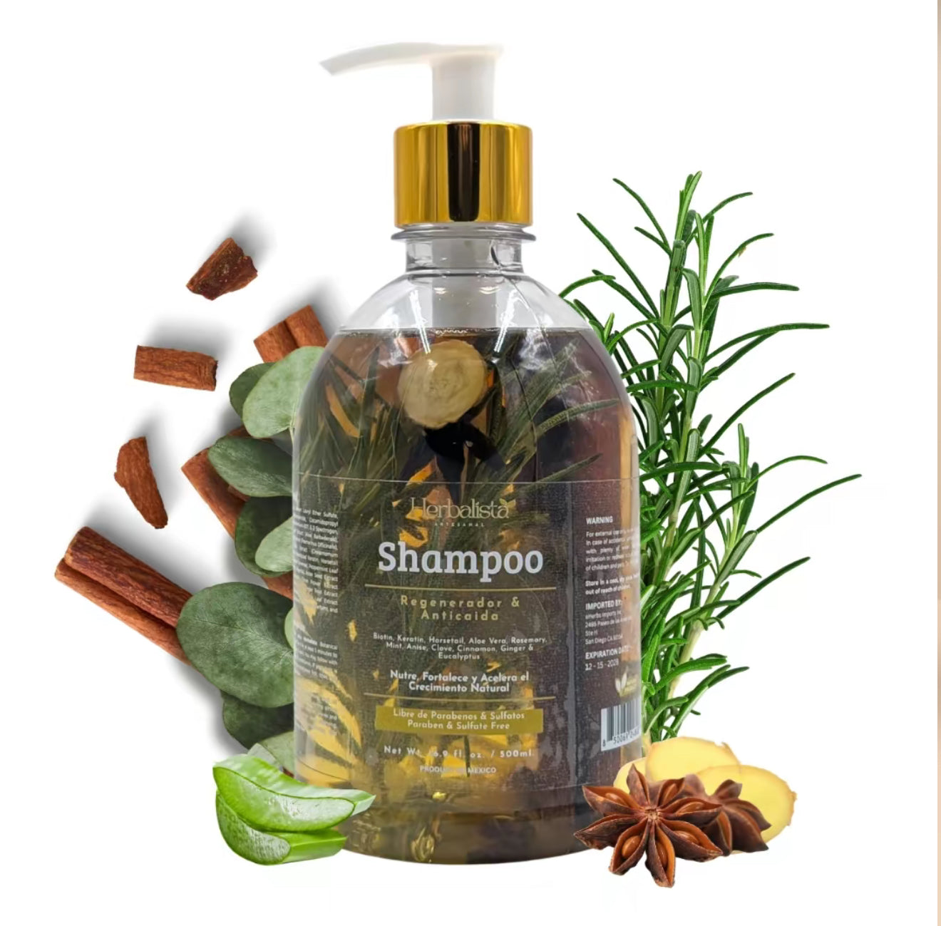 500ML Herbalista Viral New Herbal Shampoo + Conditioner With Real Pieces of Rosemary, Cinnamon, Anise, Clove, Aloe, Ginger, & Eucalyptus - Fortalece, Regenera, Acelera Crecimiento