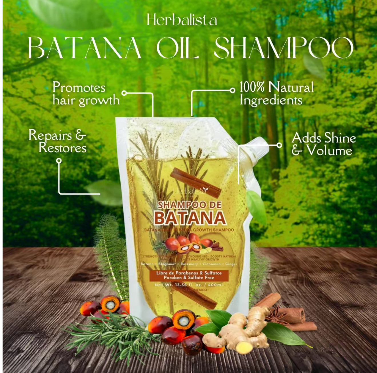 Herbalista  Batana Oil Herbal Shampoo Pouch 400ml (13.5 fl oz) – Shampoo de Aceite Batana With Extracts: Rosemary, Ginger, Horsetail, & Cinnamon. - 100% Natural & Handcrafted.