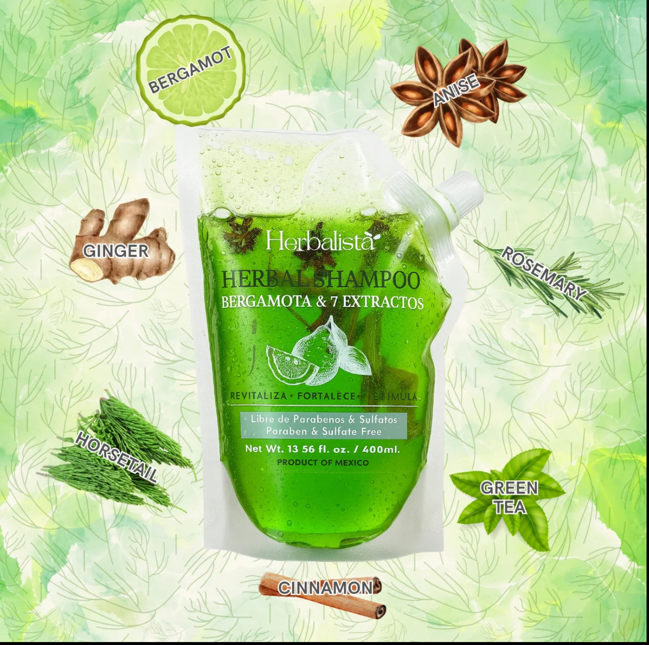 Herbalista Bergamot Herbal Shampoo 400ml  With 7 Extracts: Rosemary, Ginger, Anise, Green Tea, Horsetail & Cinnamon – Add Herbal Bag to Activate Natural Benefits