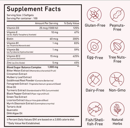 300 Softgels Blood Sugar Complex Supplement | 20+ Active Natural Herbs-Cinnamon, Bitter Melon, Mulberry Leaf, Fenugreek, Berberine, Vitamins for Energy Level, Vitality Support | Clean Ingredient