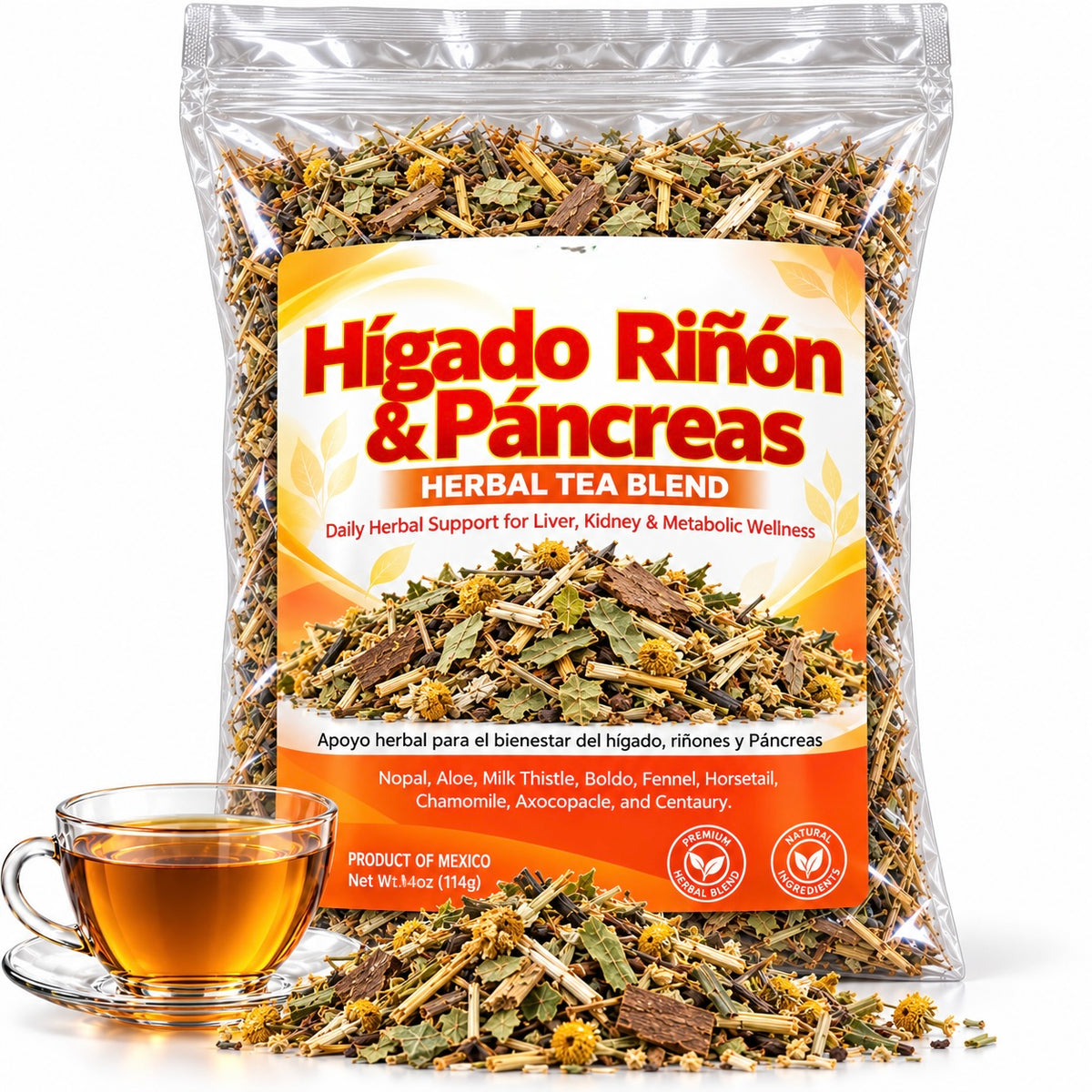 Hígado 3in1 Riñón & Páncreas Herbal Tea Blend for Liver Kidney & Metabolic Wellness with Nopal Aloe Milk Thistle Boldo Fennel Horsetail Chamomile Axocopaque