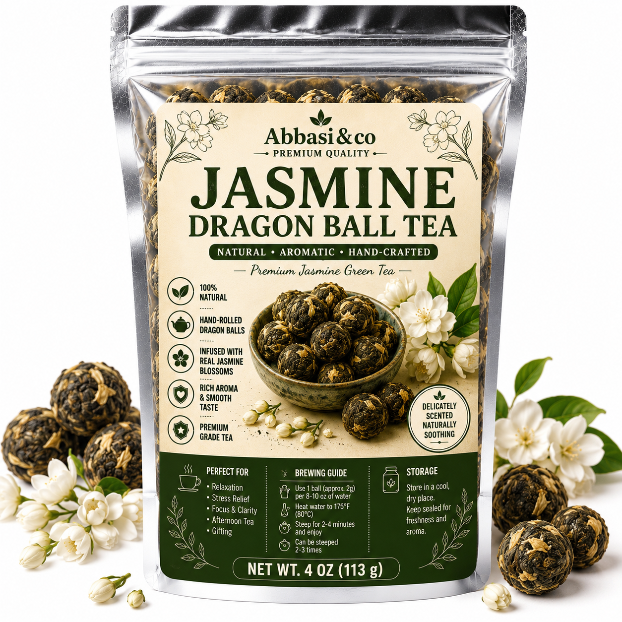 Jasmine Dragon Ball Tea - Premium Grade Green Tea, 4 oz (113 g) - Jasmine Green Tea Hand-Crafted, Natural, Aromatic, Perfect for Relaxation & Stress Relief