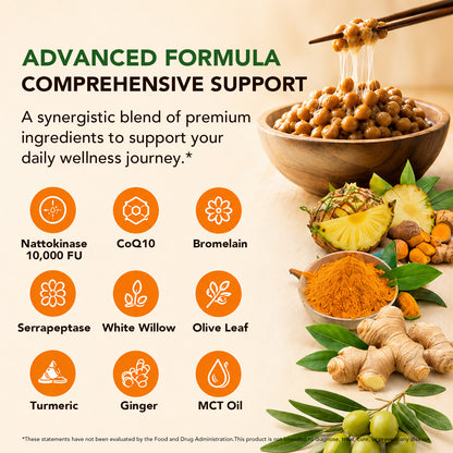 Nattokinase Supplement 10,000 FU, 7-in-1 Formula with CoQ10, Bromelain,Turmeric, Ginger, Olive Leaf &amp; White Willow Bark, MCT Oil Softgels for Bioavailability, 120 Softgels, Non-GMO