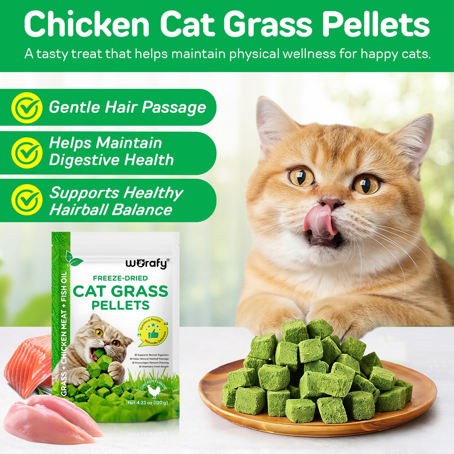 Cat Grass Treats, Freeze-Dried Cat Grass Pellets for Cats | Natural Hairball Control, Digestive Support & Dental Care | Chicken & Fish Oil Recipe | No Artificial Additives
