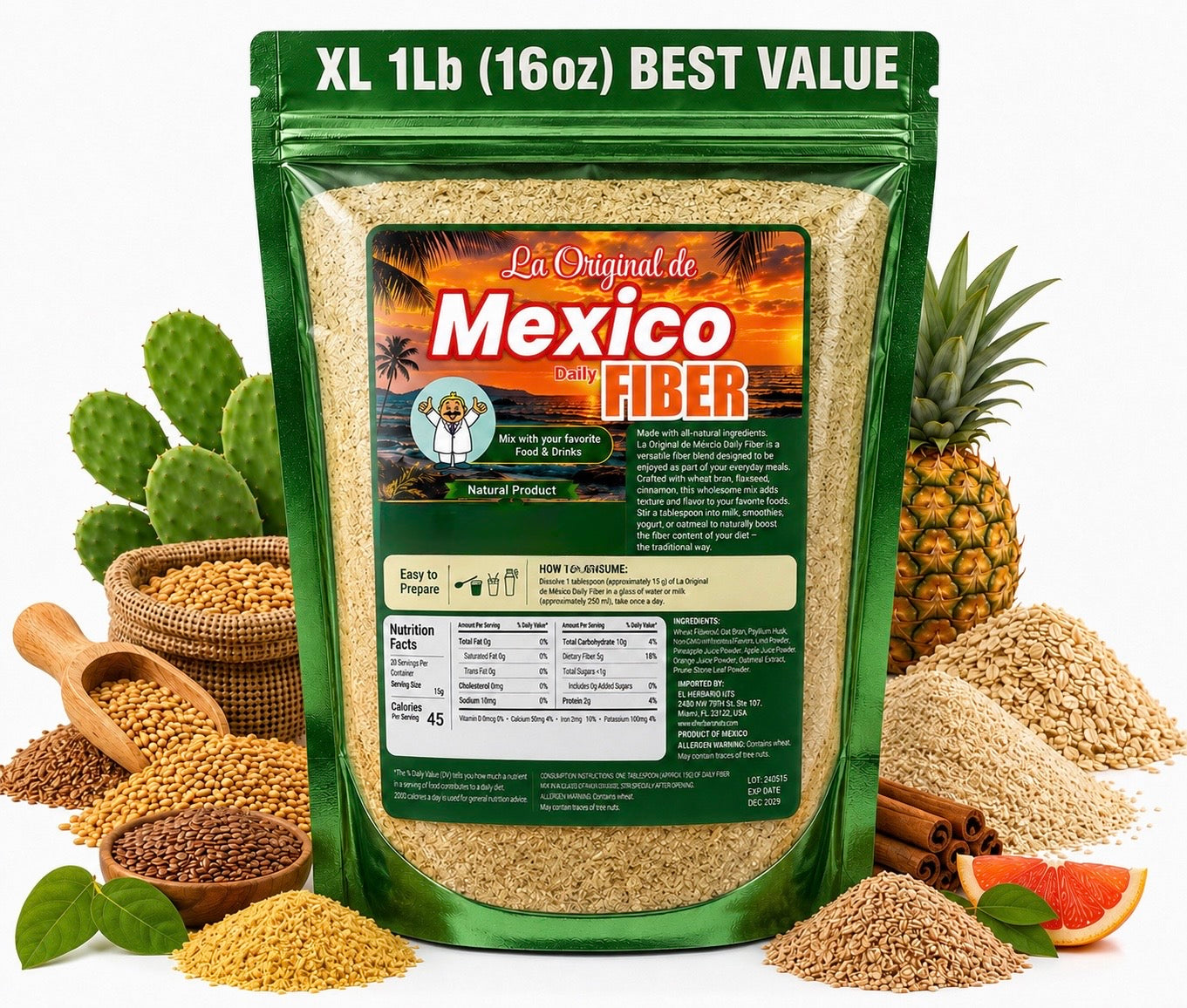 1LB Value Bag Same Viral Formula - La Original Fibra de Mexico Daily Fiber - All-Natural Fiber Blend with Wheat Bran, Maguey, and Cocoa – Perfect Mix for Food & Smoothies Dietary Healthcare Dr Simi