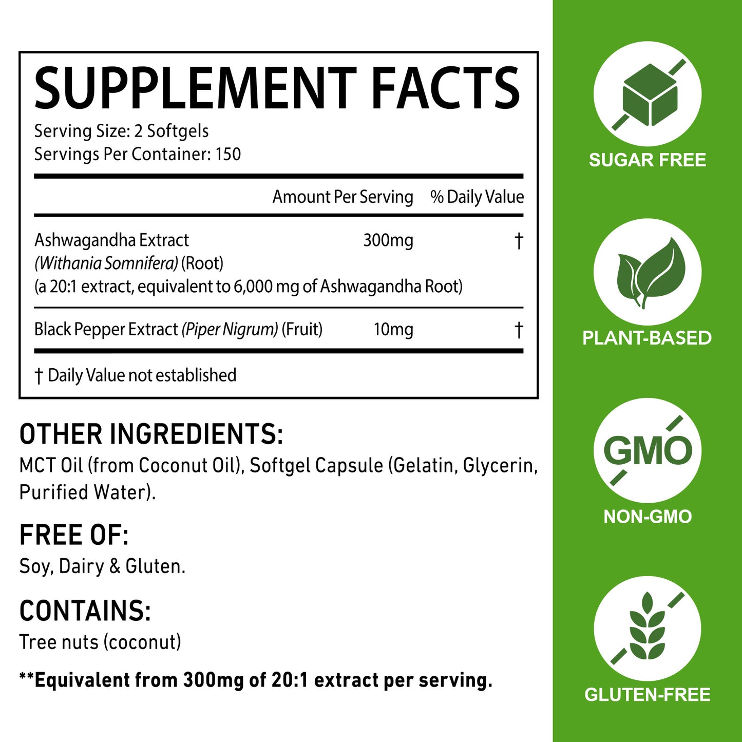 Ashwagandha Supplements | 300 Coconut MCT Oil Softgels with Black Pepper for Better Absorption | Potent Root Extract | Non-GMO