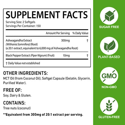 Ashwagandha Supplements | 300 Coconut MCT Oil Softgels with Black Pepper for Better Absorption | Potent Root Extract | Non-GMO