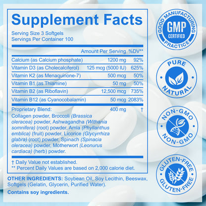 Calcium Complex Supplement with D3, K2, B1, B2 & B12 | Supports Bone Strength and Healthy Teeth | Easy to Digest | for Men & Women