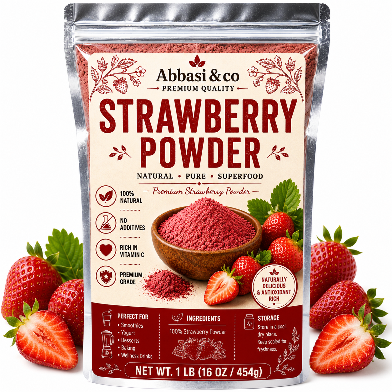 1LB Premium Quality Strawberry Powder 100% Natural Rich in Vitamin C  Freeze-Dried Strawberry Powder, No Added Sugar, Made from Real Strawberries, for Smoothies, Baking & Drinks, Natural Sweet-Tart Flavor