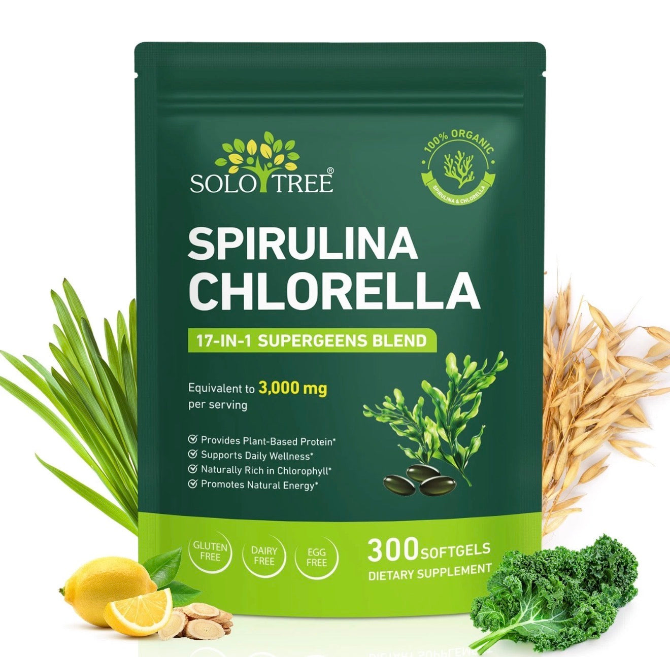 Spirulina Chlorella Softgels | Super Greens Blend with Barley Grass, Kale & Chlorophyll | Equivalent to 3,000 mg per Serving | Plant-Based Protein for Natural Energy & Daily Wellness | 300 Count