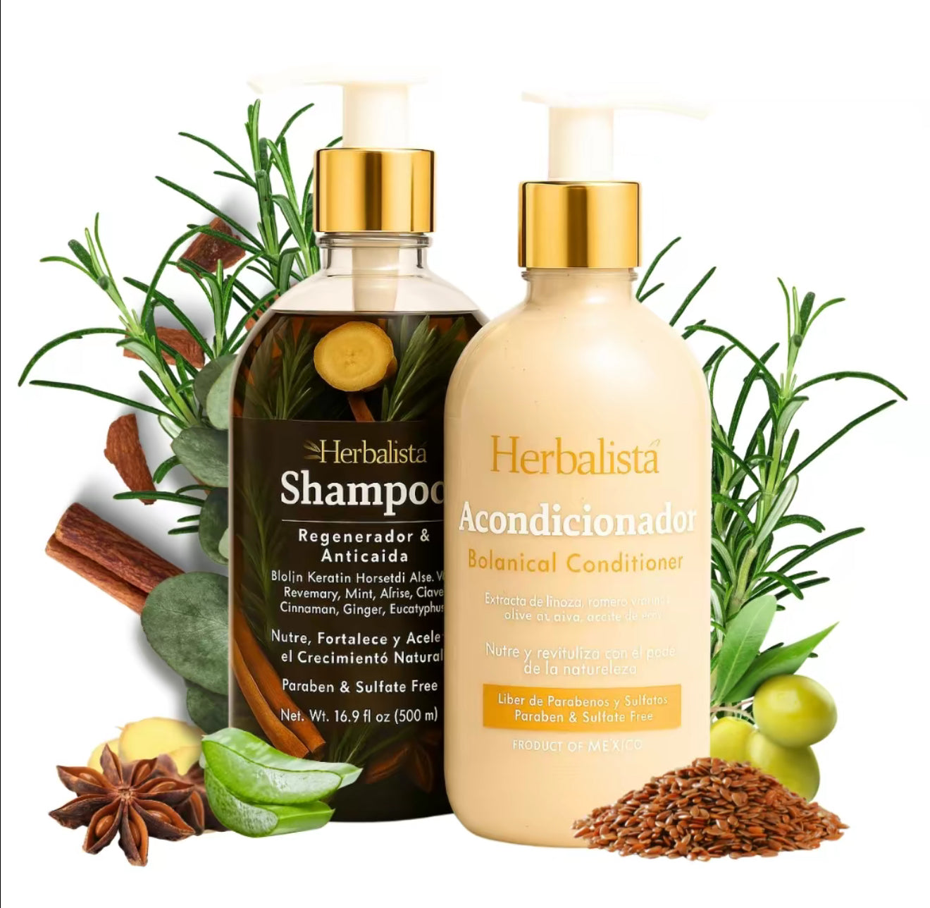 500ML Herbalista Viral New Herbal Shampoo + Conditioner With Real Pieces of Rosemary, Cinnamon, Anise, Clove, Aloe, Ginger, & Eucalyptus - Fortalece, Regenera, Acelera Crecimiento