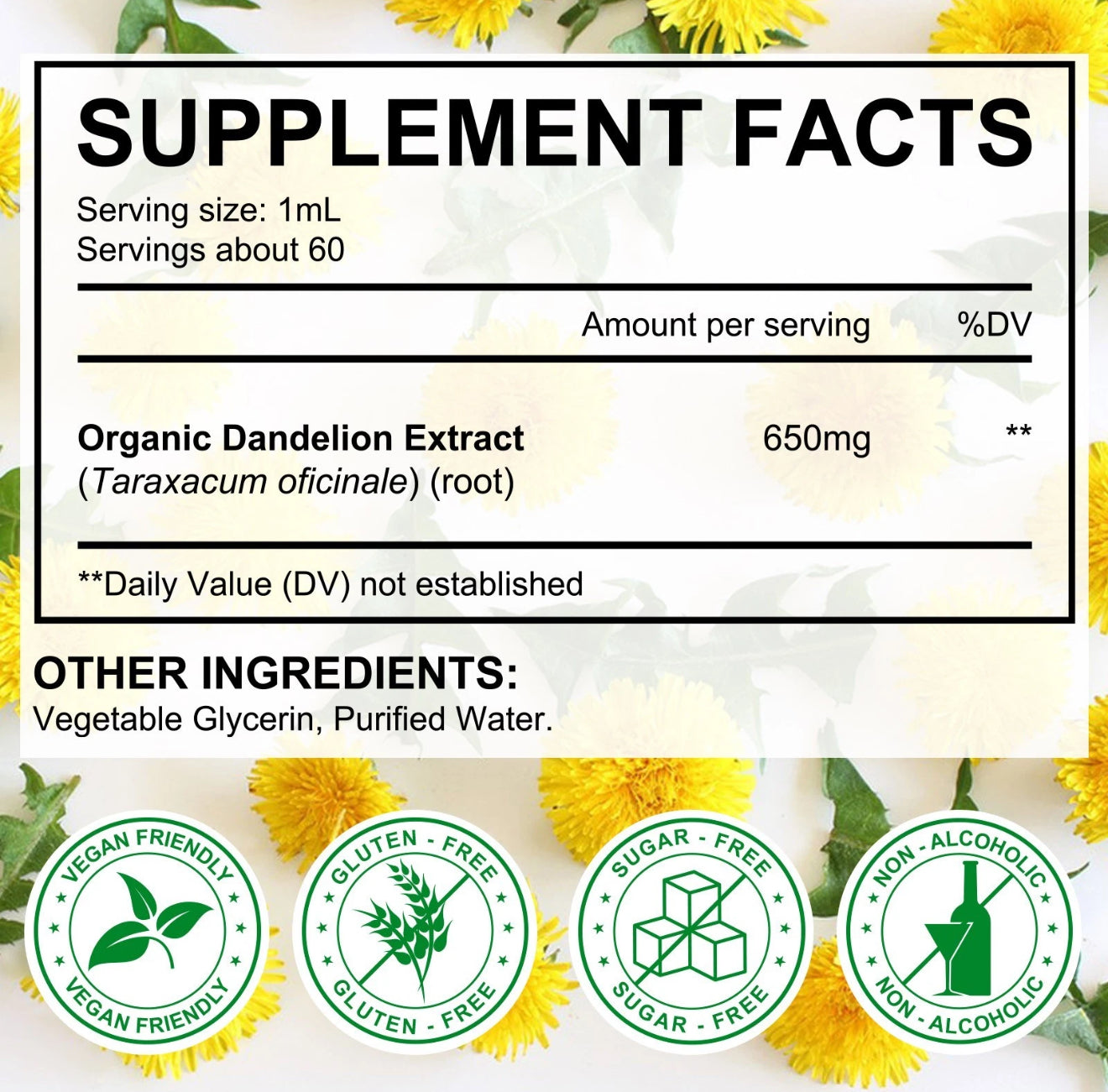 60ML Dandelion Root Tincture - Vegan, Alcohol-Free, Sugar-Free - 650 mg Dandelion Root Extract - Liver Cleanse Support - Natural Formula - 28-Day Supply
