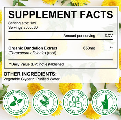 60ML Dandelion Root Tincture - Vegan, Alcohol-Free, Sugar-Free - 650 mg Dandelion Root Extract - Liver Cleanse Support - Natural Formula - 28-Day Supply