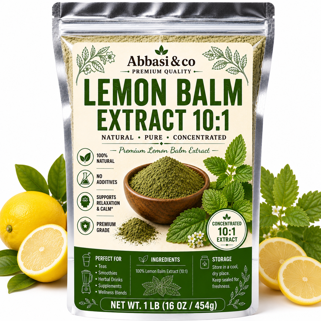 1LB Premium Lemon Balm Extract Powder 10:1 Natural Pure Concentrated Pure Melissa Officinalis 10:1 Herb Extract - Support Sleep, Digestive Health