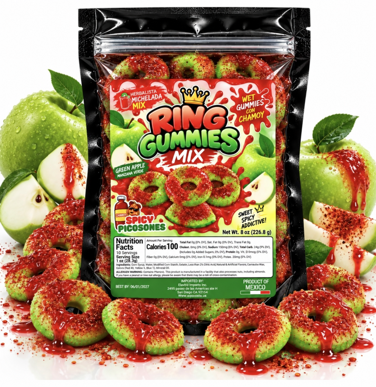 Mexican Candy Michelada Ring Gummies Mix Green Apple & Spicy Picoshones 8 oz Sweet & Spicy Addictive Treats