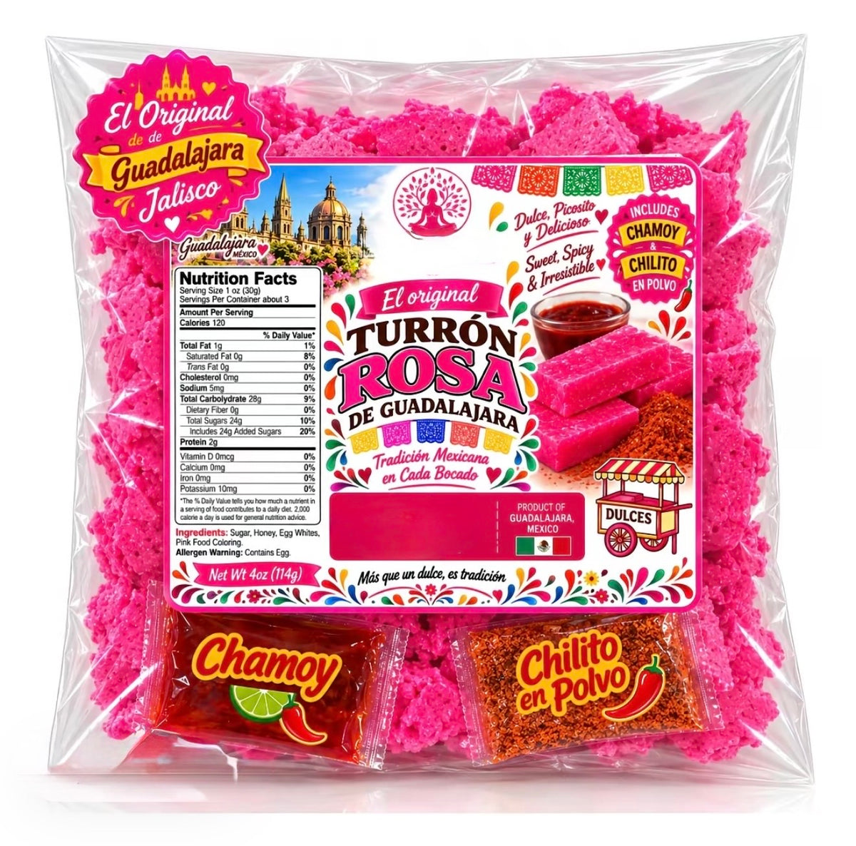 Turron Rosa de Guadalajara Jalisco 4 oz (114 g) – Authentic Mexican Pink Turrón Candy with Chamoy & Chile en Polvo – Dulce Tapatío Estilo Tradicional – Mexican Candy Snack