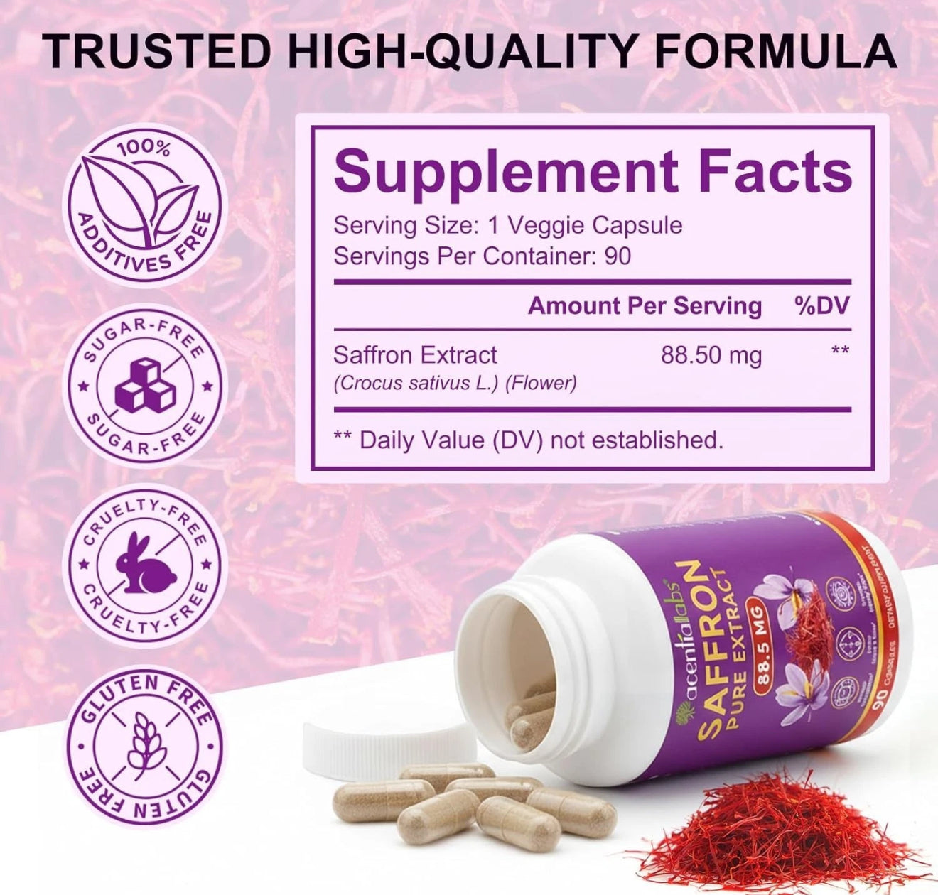 Saffron Supplement Capsules - 88.5mg Pure Saffron Extract for Mood Balance, Uplifted Mood, Vision & Immune Support, 90 Capsules
