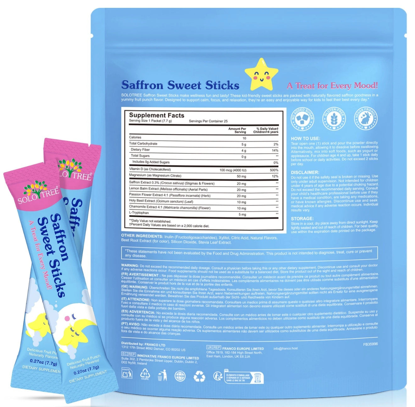 Saffron for Kids, Saffron Powder Stick for Boosting Focus, Mental Clarity, Balanced Mood, Blended with Vitamin D3, Magnesium, Sugar-Free, Friuty Flavor, Individual Package|25 Servings