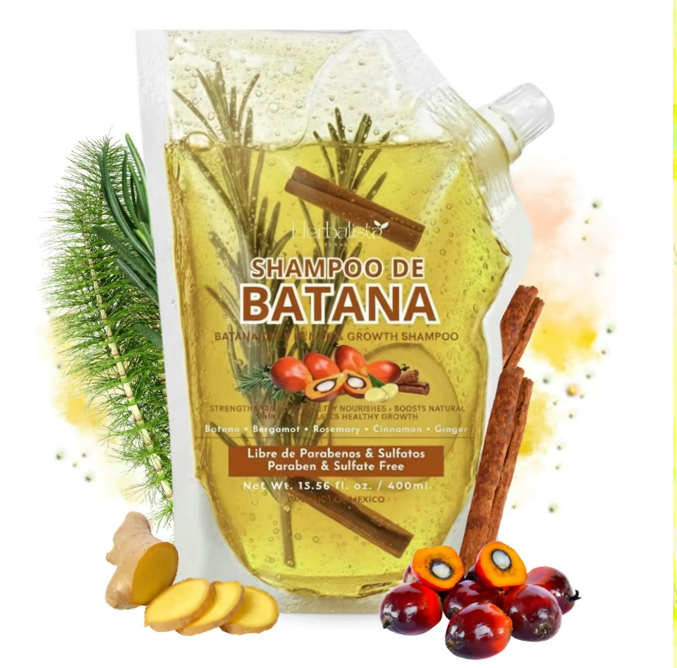 Herbalista  Batana Oil Herbal Shampoo Pouch 400ml (13.5 fl oz) – Shampoo de Aceite Batana With Extracts: Rosemary, Ginger, Horsetail, & Cinnamon. - 100% Natural & Handcrafted.