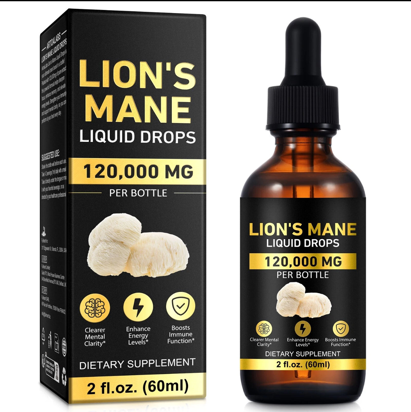 Lions Mane Supplement - Daily Mushroom Supplement for Memory, Focus & Clarity - Brain Booster - Lions Mane Tincture for Immune Support - 60ml
