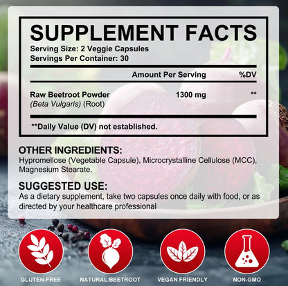 Beet Root Capsules 1300mg - Beetroot Supplement for Healthy Circulation, Energy & Endurance - Non-GMO, Vegan, Beet Extract - 60 Capsules