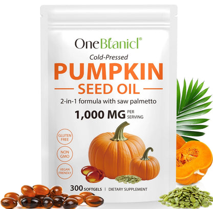 Pumpkin Seed Oil with Saw Palmetto,300 Softgels | Cold Pressed, Pure Virgin Oil, Essential Fatty Acids & Phytosterols | Supports Hair, Urinary, Bladder & Prostate Health | Non-GMO